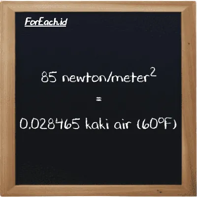 Cara konversi newton/meter<sup>2</sup> ke kaki air (60<sup>o</sup>F) (N/m<sup>2</sup> ke ftH2O): 85 newton/meter<sup>2</sup> (N/m<sup>2</sup>) setara dengan 85 dikalikan dengan 0.00033488 kaki air (60<sup>o</sup>F) (ftH2O)